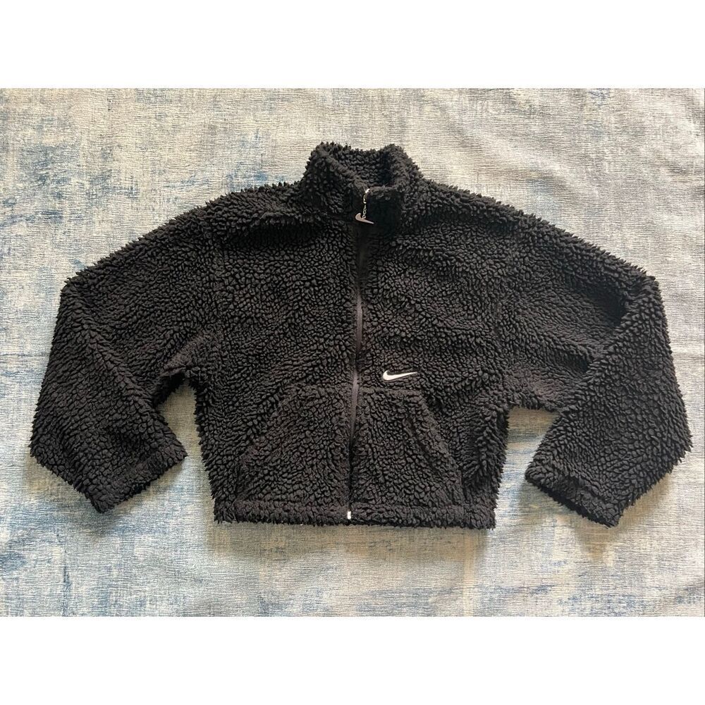 Nike Black White Sherpa Active Swoosh Cropped Faux Fur Jacket XS